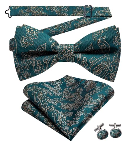 Image of Dubulle Mens Paisley Striped Bowtie Set Pre-tied Bowtie for Men and Pocket Square Set Wedding Business