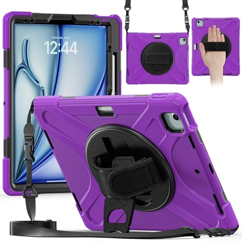 Coque iPad Air 13 M4 rotative 360 degrés résistante avec bandoulière amovible violette