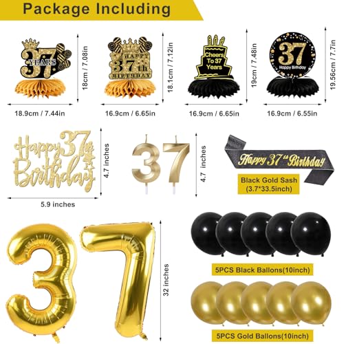 Image of 37th Birthday Decorations for Men, Black Gold 37th Party Decorations | 27pcs Happy 37th Birthdays Set: Banner, Honeycomb, Balloons, Gold Number, Candle, Hanging Swirls, Cake Topper, Party Supplies
