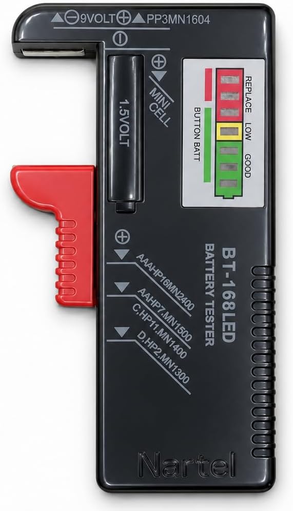 - Nartelยฎ LED Digital Battery Tester Battery Checker Multi Size for AA AAA C D 9V 1.5V Button Cell Batteries (Requires No Battery to Operate)