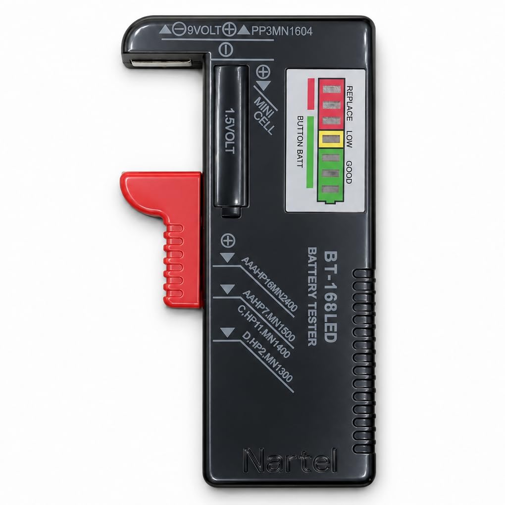 Nartel® LED Digital Battery Tester Battery Checker Multi Size for AA AAA C D 9V 1.5V Button Cell Batteries (Requires No Battery to Operate)
