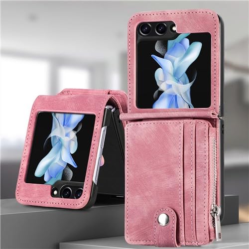 Étui portefeuille en cuir rose pour Samsung Galaxy Z Flip 5 zippé