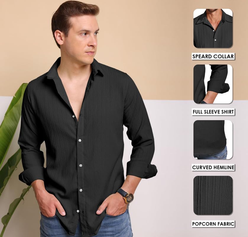 Image of Macsivo Men's Popcorn Shirt with Spread Collared Long Sleeve Button Down Closure Curved Hem Length | Linen Shirt for Man