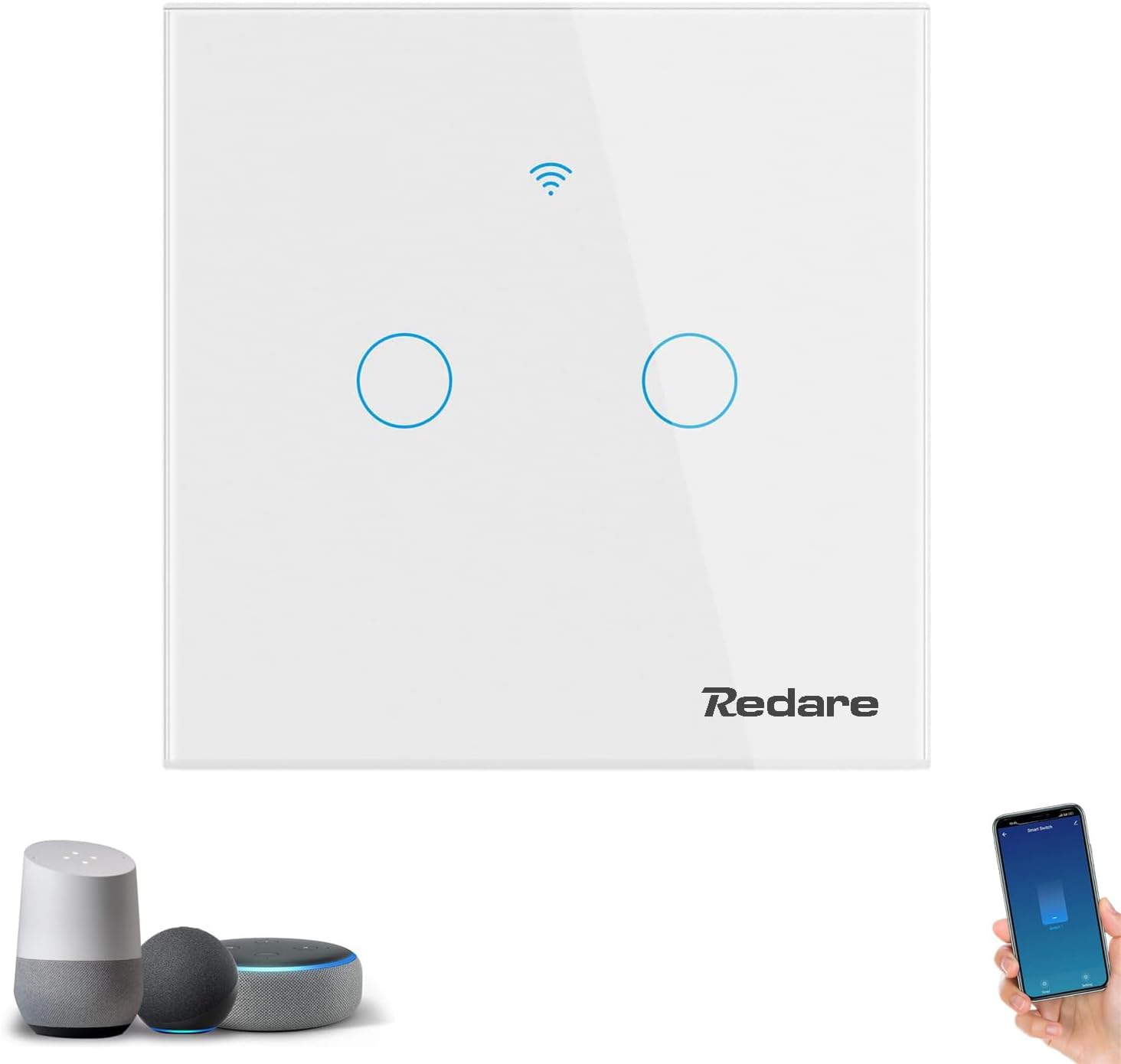 Redare WiFi Smart Wall Light Switch,Wireless Switches,Glass Panel,No Neutral Wire Required,No Hub Required,Compatible with Alexa and Google Home,APP Remote Control Touch Switch,Voice Control (2 gang)