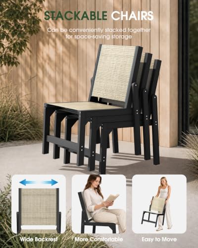 Image of Patio Stackable Chairs Set of 2, HDPE Armless Outdoor Dining Chairs with Wide Seat, All-Weather Textilene Oversized Porch Chair for Garden, Poolside, Backyard, Deck | Black
