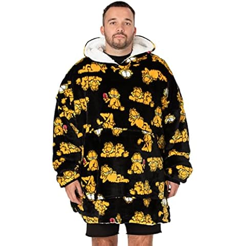 Garfield Oversized Blanket Hoodie Adults | Mens Women Lazy Tabby Cat Movie Fluffy Sherpa Fleece Pullover Vuddie | One Size Sweatshirt with Big Pocket Black Cover