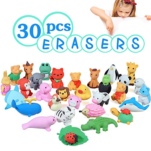 Acekid Animal Erasers for Kids, 30pcs Japanese Pencil Erasers Set, Cute Mini Puzzle Eraser Toys for Novelty Party and School Supplies