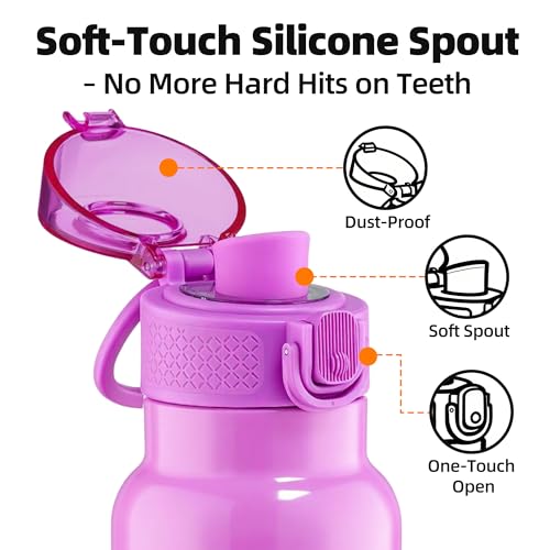 Image of Fanhaw 24 oz Insulated Water Bottle with Soft Silicone Spout Lid, Leakproof Stainless Steel Vacuum Bottle for School, Sports& Daily Use, Kids, Teens& Adults, Back to School Essentials (Purple)