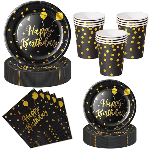 Nkaiso Kit Vaisselle Jetable Anniversaire 50 Pièces Noir Or - 10 Assiettes Plates, 10 Assiettes Dessert, 10 Gobelets, 20 Serviettes - Pour Decoration...