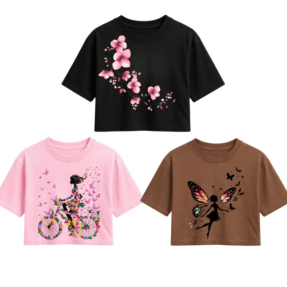 crt enterprises Women’s Printed Crop Top Combo | Soft Cotton Blend Short Sleeve Cropped T-Shirt | Trendy Floral, Butterfly & Artistic Designs | Casual Wear for Girls & Women Pack of 3-picture-49