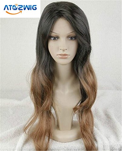 ATOZWIG Long Two Tone Black and Brown Ombre Wigs Celebrity Wig for Women Big Wave Female Wavy Wig Heat Resistant