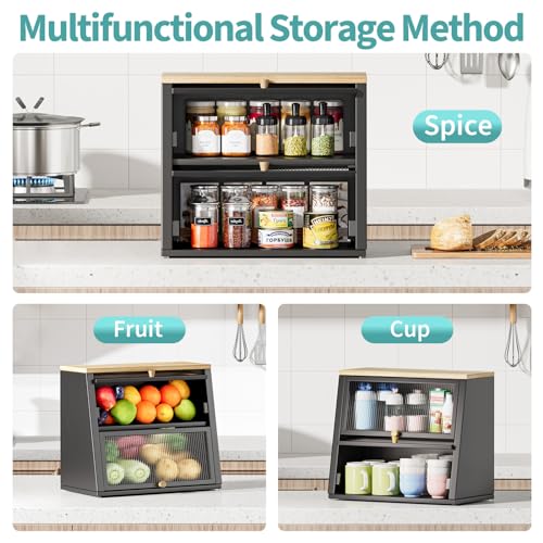 Urackify Two-Layer Large Bread Box, Bread Bins for Kitchen, Black Bread Bin with Stiped Window Door Pancel, Bread Storage with Wood Handle, kitchen Bin Storage with Removable Layer, Black - Cosy Home Interiors Urackify Two-Layer Large Bread Box, Bread Bins for Kitchen, Black Bread Bin with Stiped Window Door Pancel, Bread Storage with Wood Handle, kitchen Bin Storage with Removable Layer, Black - Image 4