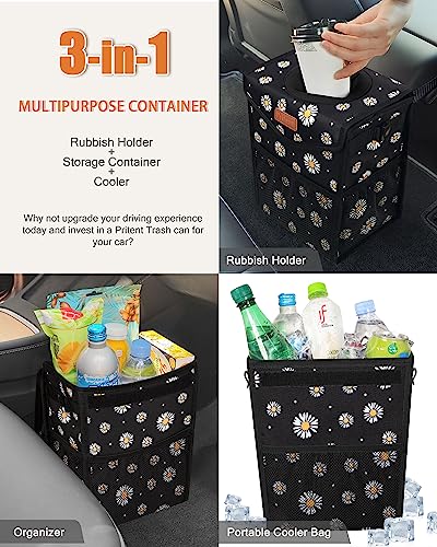 Image of Pritent Car Trash Can with Lid Leakproof Car Garbage Bag Vehicle Trash Bin | Hanging Automotive Garbage Can,Multipurpose Car Accessories for Women Men Interior Car Storage Organizer(2 Gal,Black Flower)