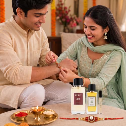 Image of PROUSTFRAGRANCES Berry & Bark Perfume 100ml Rakhi Fragrance Gift Set | Hennessey Smoke EDP 50ml, 2 Rakhis & 1 Fragrance Tester included | Premium festive combo with bold fruity & woody notes