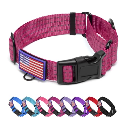 Image of Martingale Dog Collar Reflective NO Pull with USA Flag, L,Hot Pink | Escape Proof without choking,Adjustable Limited Slip Collar with Quick Release Buckle, Nylon Walking Collar for S M L Dogs