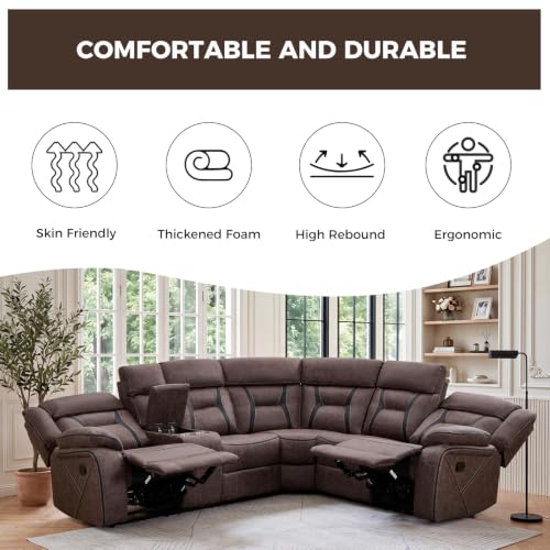 Image of EBELLO Manual Reclining Sectional Sofa for Living Room, L-Shaped Sectional Corner Reclining Sectional Couches Home Furniture Set with Center Console, Hidden Cup Holders and Storage, Grey