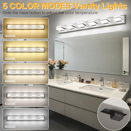 Image of SOLFART Bathroom Light Fixtures, 5 Color Temperature Modern Vanity Lights, Brushed Nickel 6 Lights LED Lighting Light Color Adjustable 5CCT