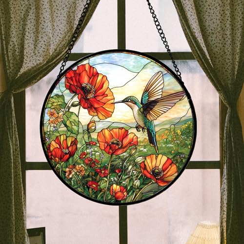 Image of DASTOLL Stained Glass Window Hanging, Hummingbirds Orange Flowers Suncatcher Diamond Glass Panel Hangings Sun Catchers Decor for Birthday for Women, Men, Wife, Aunt, and Mom 14.9 in