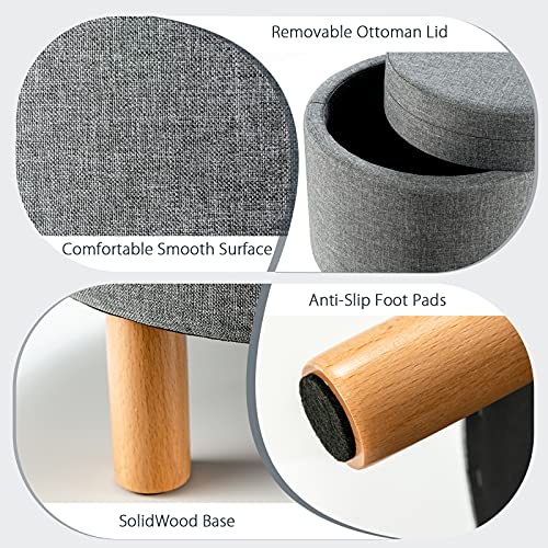 Giantex Round Storage Ottoman With Tray, Accent Storage Footstool W/ Soft Padding, Fabric Sitting Stool W/ Solid Wood Legs & Non-Slip Pads, Tray Top Coffee Table For Living Room, Bedroom (Grey) #TOP4