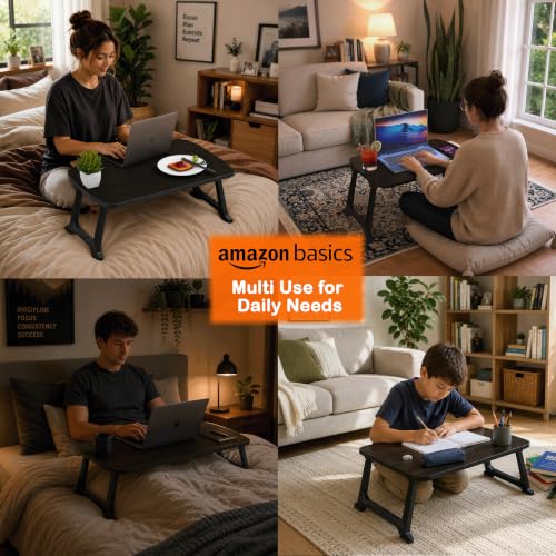 Image of Amazon Basics - CozyDesk Pro | Compact Foldable Lap Desk | Portable Bed Table for Laptop, Study, Meals | Engineered Wood Top with ABS Legs Table top 57 x 36, Height 28 cm