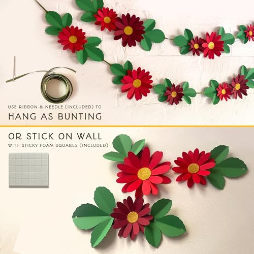 Image of Flower Bunting for Wall Decoration (Red Daisy with Leaves)