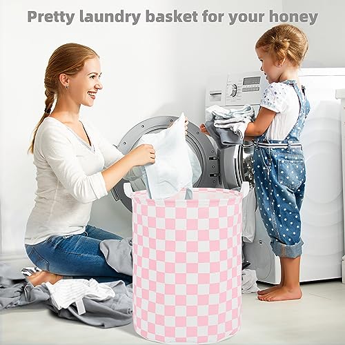 Image of Large Foldable Laundry Basket Organizer Holder portable tall collapsible laundry hamper nusery Storage Basket Bin with Handles (Waterproof Lining, Pink Racing Flag)