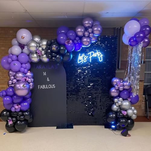 Image of Purple and Black Balloon Arch Kit, 132Pcs Explosion Star Metallic Silver Purple Black Confetti Balloon Garland kit Different Size Balloons for Halloween Graduation Birthday Party Decorations