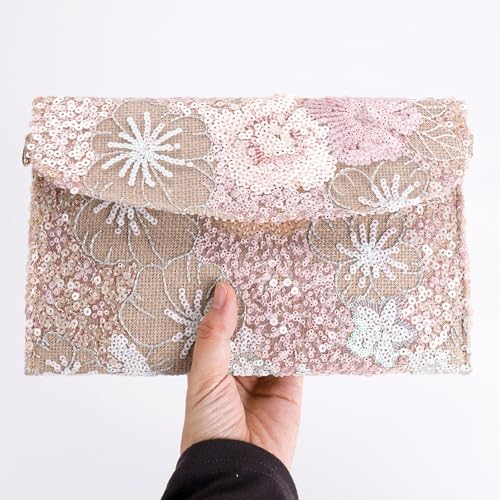 Image of Clutch Purses for Women, Envelope Package, Sequin Embroidered Flowers Straw Bag, Bohemian Handmade Handbags