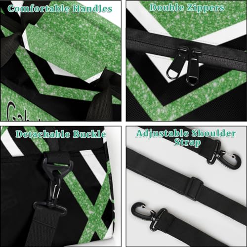 Custom Name Cheerleader Gym Bag for Kids Girls, Personalized Dance Sport Duffel Gymnastics Bag Travel Weekender Outdoor Tote Carry-On Bag, Green Black Glitter Sequins4