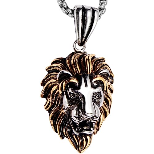 Gold & Silver Two Tone Lion Head Necklace for Men & Women - Pendant with Couple Chains (20
