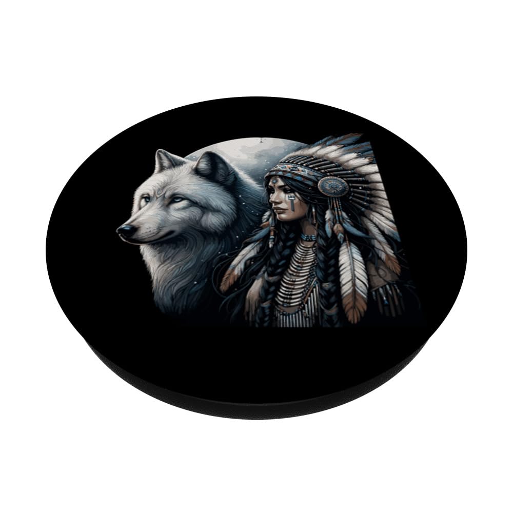 Indian Native American Woman With White Wolf Vintage PopSockets Swappable PopGrip, Black - Image 2