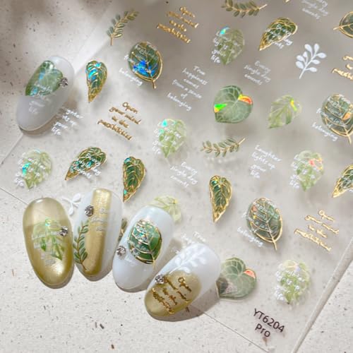 Leaf Nail Stickers Green Leaves Nail Art Stickers with Gold Trim Spring Summer Nail Decals Iridescent Shimmer Sticker for Nails Design Self Adhesive Nail Supplies & Decorations for Women Girls 1 Sheet