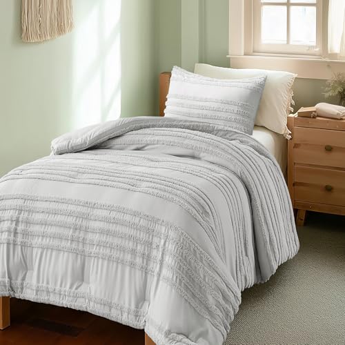 Image of BEDELITE Boho Twin /Twin XL Comforter Set,Light Grey Tufted Striped Bed Set 2 Pieces, Soft Vintage Farmhouse Comforter for College, Boho Home Dorm Decor, Fluffy Jacquard Bedding with 1 Pillow Sham