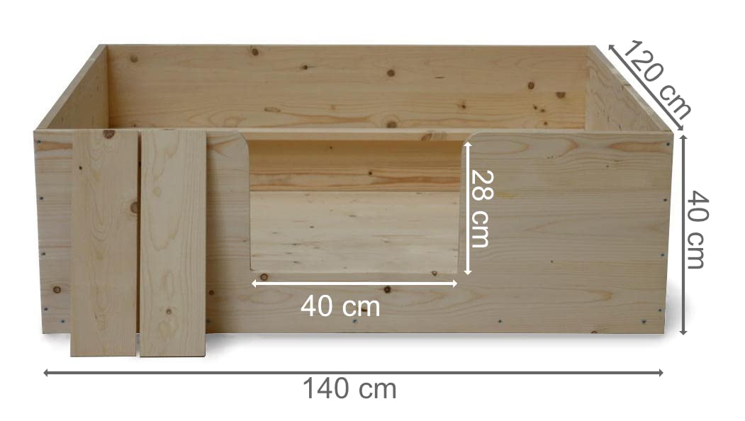 Wurfkiste Welpen 140x120x40 cm, Kiefernholz, mit Ausgang | Große Wurfkiste für Welpen mit den Maßen 140 × 120 × 40 cm aus naturbelassenem Kiefernholz.