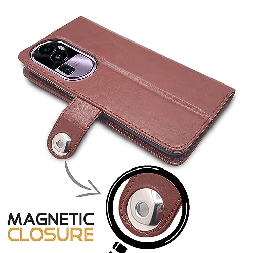 Image of Pikkme Oppo Reno 10 Pro Plus 5G Flip Cover Leather Finish | Inside TPU with Card Pockets | Wallet Stand and Shock Proof | Complete Protection Button Flip Case (Brown)