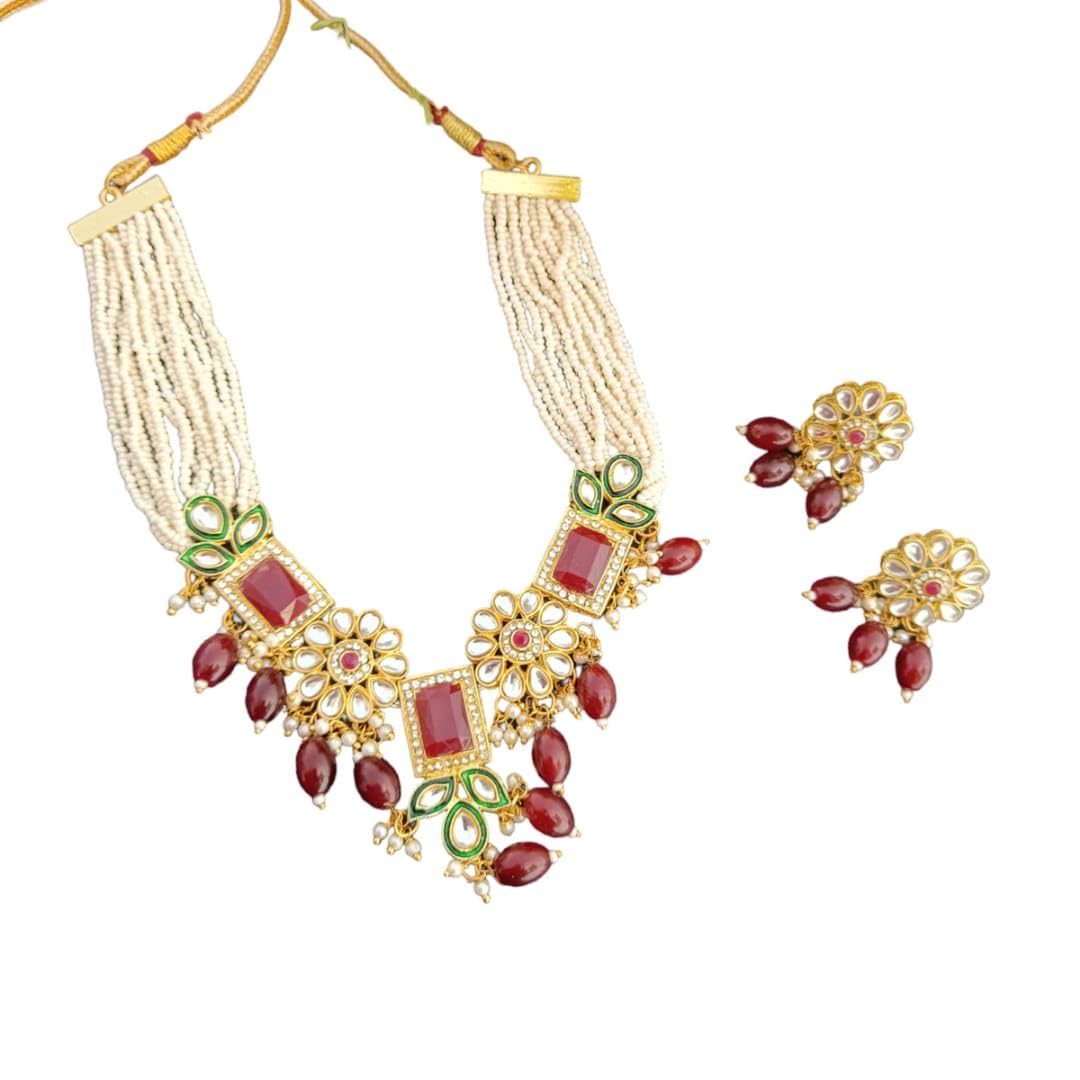 Sweksha Creations Trendy Gold Plated Pearl And Kundan Studded With AD Work cheed Royal touch Chokar Necklace with earrings perfect for wedding,festival,party (mahroon 1) (B0D6N35FXB) Amazon Price History, Amazon Price Tracker