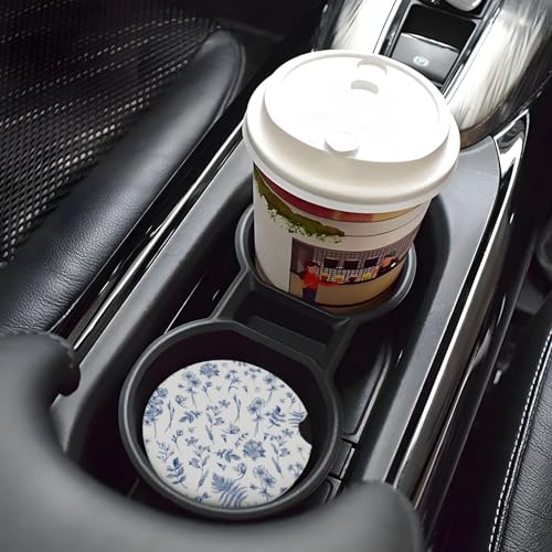 Image of Vintage Blue Flower Car Coasters for Cup Holder Absorbent Ceramic Cup Coaster 2 Pack Anti Slip Car Interior Accessories with Finger Notch Cork Base for Women Men 2.56 inch