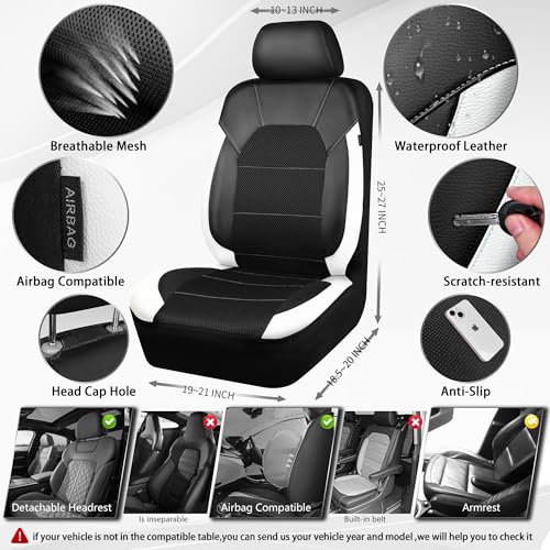 Image of CAR PASS Universal Leather Car Seat Covers Full Set with Sporty Design, Breathable All Season Easy to Clean Anti-slip Wear-Resistant Automotive Seat Covers Fit for Most Cars, SUVs, Trucks, Black White