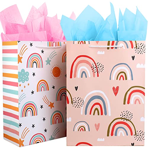 Gift Bag for Girls, Birthday Large Gift Bag Bulk Set Included 2 Pack Paper Gift Bags with Tissue Paper, Rainbow Gift Bags for Kids, Baby, The Colorful Pink Red Gift Bags with Handles, The Pretty Present Bag Gift Bags for Birthday, Party, Baby Shower 