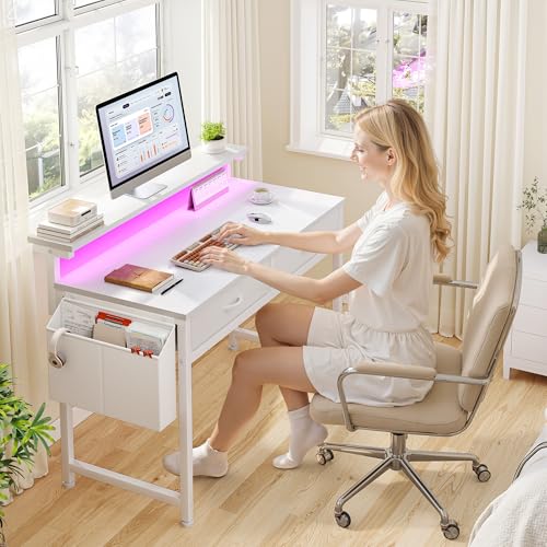 Image of DurayLoly Computer Desk with 2 Drawers & LED Lights,31Inch Home Office Desks with Side Pocket and Monitor Stand,Study Writing Table for Small Spaces,White