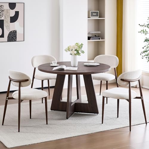 Image of 47 inch Round Dining Table Set for 4, Kitchen Table and Chairs | Wooden Cross Base, Metal-Framed Chair, Boucle Fabric, Ergonomic Curved Backrest, for Apartment