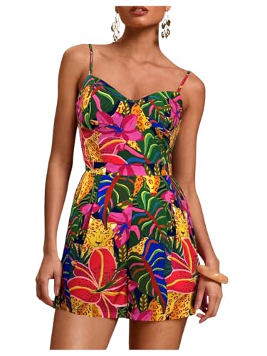 Floerns Women's Tropical Print Cami Rompers Sleeveless Boho Shorts Jumpsuit