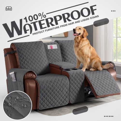 Image of KinCam 100% Waterproof Loveseat Recliner Cover with Console, Charcoal Gray