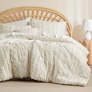 Bedsure Tufted Boho Comforter Set King – Beige Boho Bedding Comforter Set, 3 Pieces Farmhouse Shabby Chic Embroidery Bed Set, Soft Jacquard Comforter for All Seasons