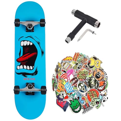 Santa Cruz Professionelles Skateboard Full Dot & Screaming Hand Advanced Unisex Erwachsene + Einstellwerkzeug und 50 Sticker (Blau Handstick und Tool, 8.0)