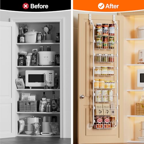 Image of Delamu Narrow Over The Door Pantry Organizer, 8-Tier Metal Pantry Door Organization and Storage for Easy Install, Hanging Spice Rack Shelves, Door Organizer for Kitchen, 4.65 inchD x 13 inchW x 65 inchH, White