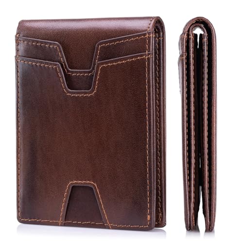 Image of Front Pocket Wallet for Men Slim Lightweight RFID Blocking Genuine Leather Bifold Thin Wallet with 10 Card Slots, Coffee