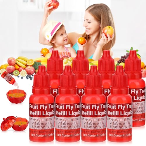 8 Pack Natural Fruit Fly Trap Refill Liquid Wasp Bee Trap Refill Liquids Effective Mosquito Gnat Fly Refill Liquid for Indoor Outdoor Tabletop Kitchen Plant Safe Near Food & Kids 0.68oz/ Bottle