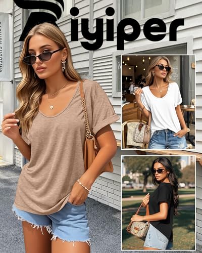 Riyiper 3 Pack Women's V Neck Shirt, Summer Rolled Sleeve Solid Tops Casual Loose Tees Lightweight Basic Soft Tshirt3
