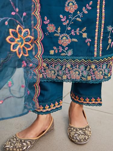 Image of INDO ERA Women's Silk Blend Embroidered Straight Kurta Pant with Dupatta (Ieout6967)